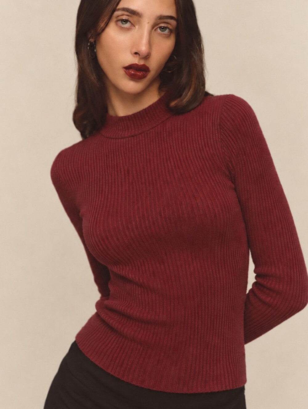 Reformation Burgundy Ribbed Mock Neck Sweater Top XS